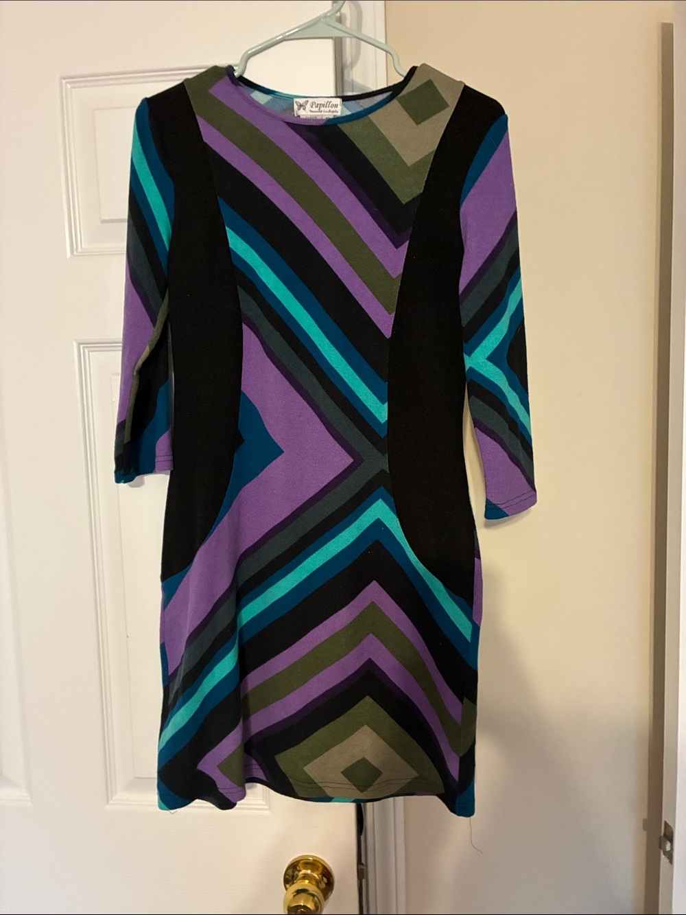 Papillon Shift Dress in Purple & Teal Geometric Print